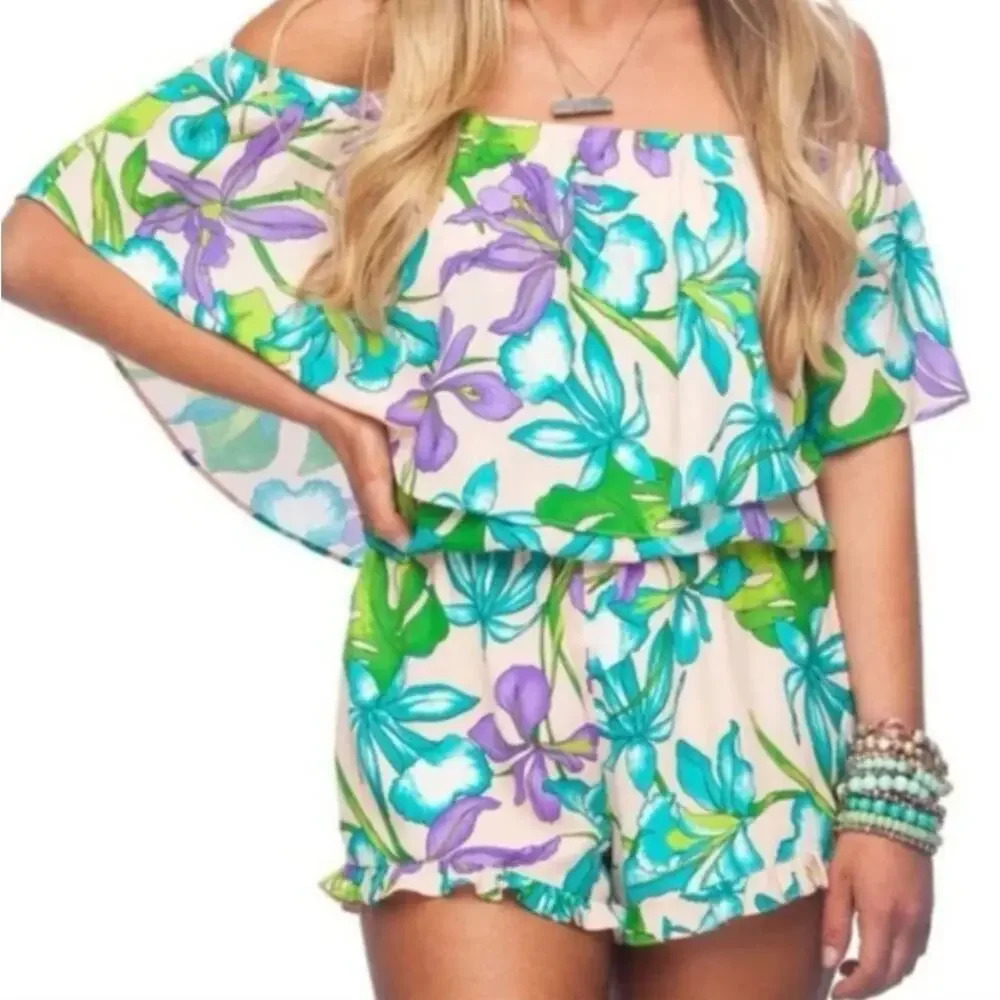 Buddy Love Mojito Romper Tropical Off the Shoulder Floral Size Small